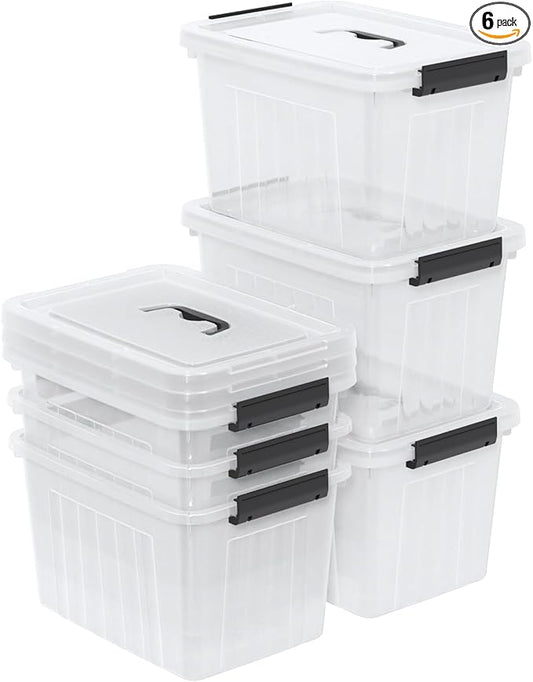 Clear Storage Latch Bin 12 Quart, Plastic Organizing Box with Lid and Black Handles, 6-Pack