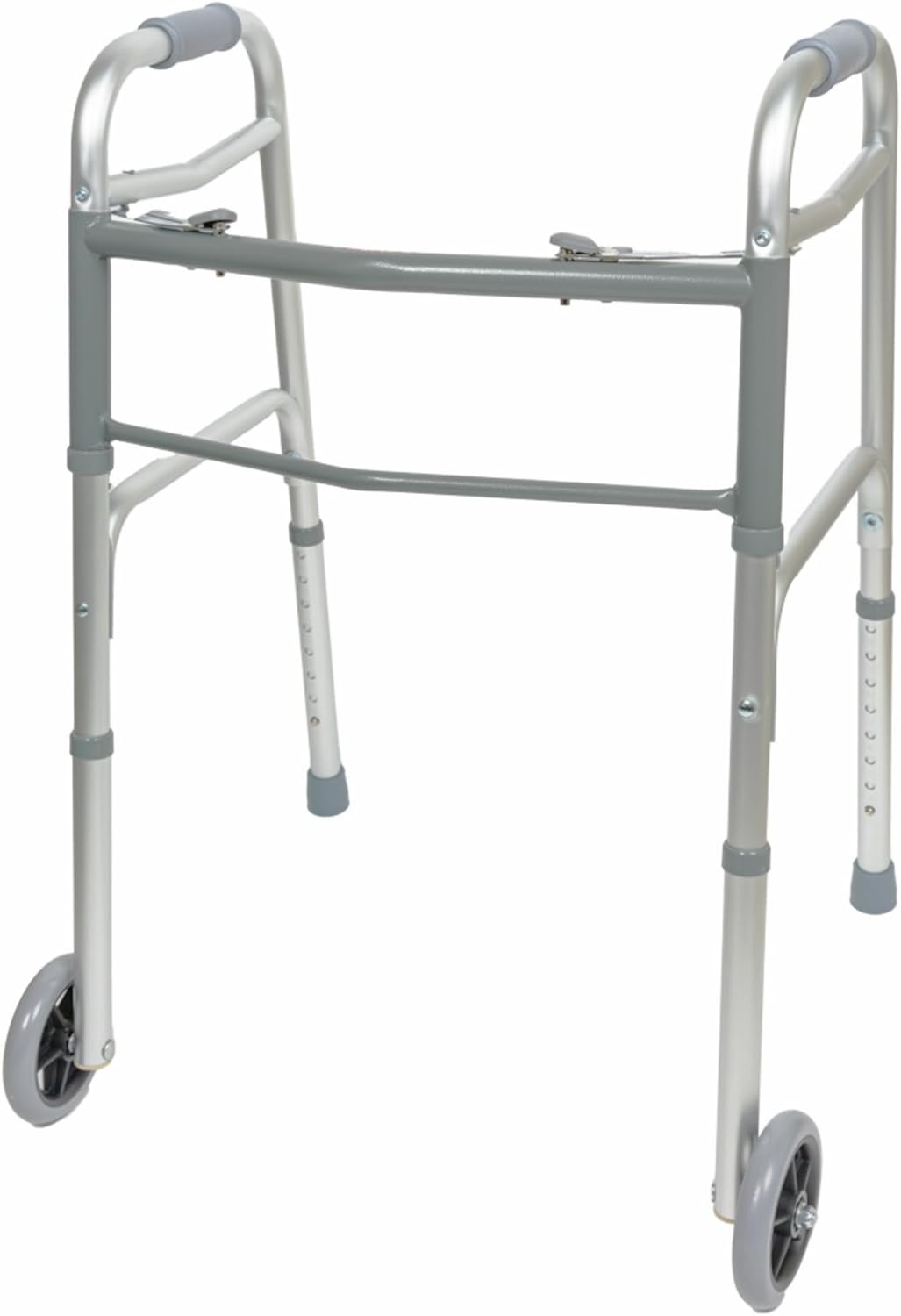 BodyMed Two Button Folding Walker with Wheels, Lightweight Mobility Aid with Foam Grips for Seniors and Adults, 300 lb. Maximum Weight Capacity