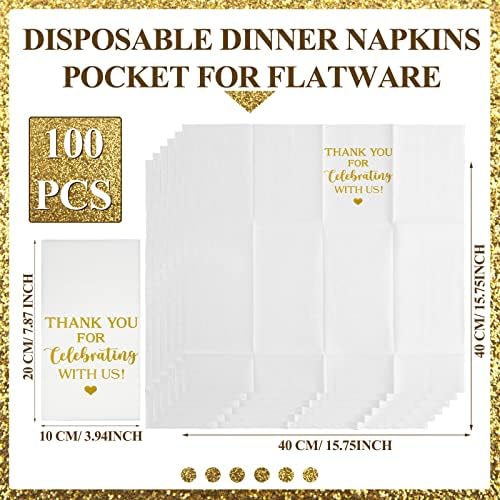 Fuutreo 100 Pcs Wedding Linen Feel Napkins Pocket Disposable Flatware Airlaid Paper Absorbent Dinner Napkins for Wedding Shower Engagement Party Decorations(Gold)