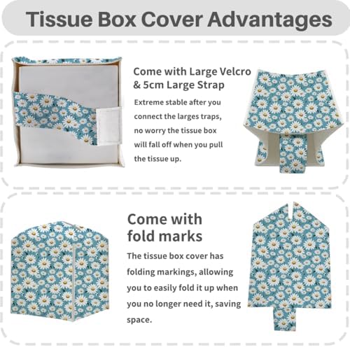 Tissue Box Cover, Tissue Box Holder, Square PU Leather Aesthetic Daisy Desk Decor for Home, Office, Bedroom, Coffee Table, Car, Dresser, Bedside, Tissues Cube Boxes Holder Office Desk Accessories