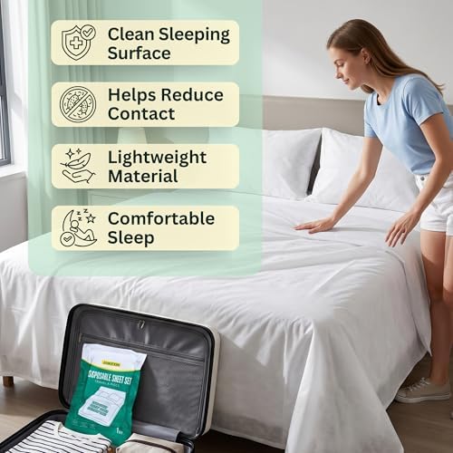 Disposable Bedding Set 2 Pack, Queen Size Portable Bed Sheets Set for Travel, Includes Flat Sheet, Duvet Cover and Pillowcases, Lightweight Disposable Bed Sheets for Hotel and Business Trips