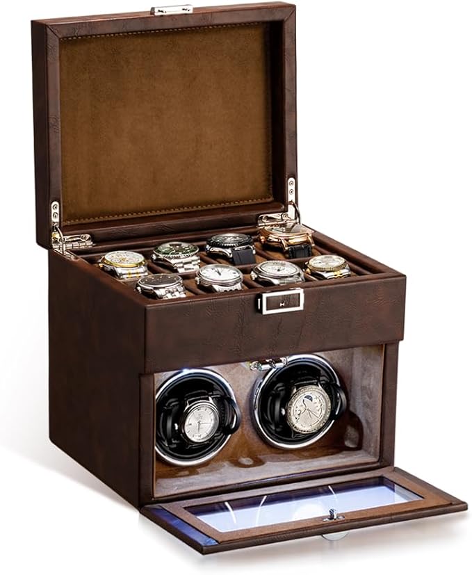 Automatic Watch Winder,Double Watch Winder and 8 Extra Storage Display Box with LED Light,Japanese Quiet Motor,Adjustable Watch Pillows,AC Adapter,Fatherâs Day Gift for Men