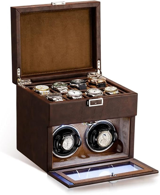 Automatic Watch Winder,Double Watch Winder and 8 Extra Storage Display Box with LED Light,Japanese Quiet Motor,Adjustable Watch Pillows,AC Adapter,Fatherâs Day Gift for Men