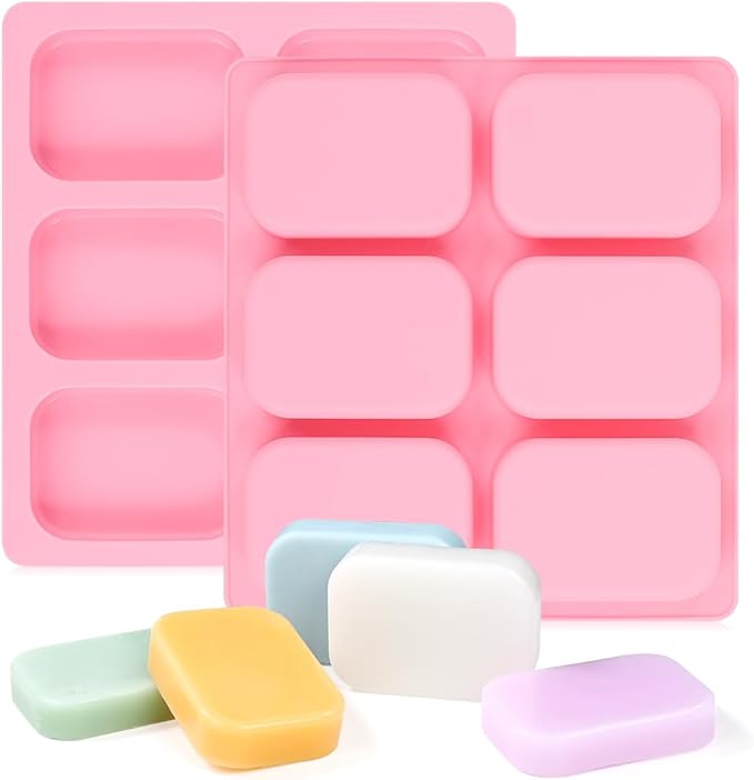 SJ Soap Molds 2 Packs, Rounded Rectangle Silicone Soap Molds for Soap Making, 6 Cavity Mold for Bath Bombs, Homemade Craft Soap, Cake, Chocolate ＆ Ice Cube-Pink