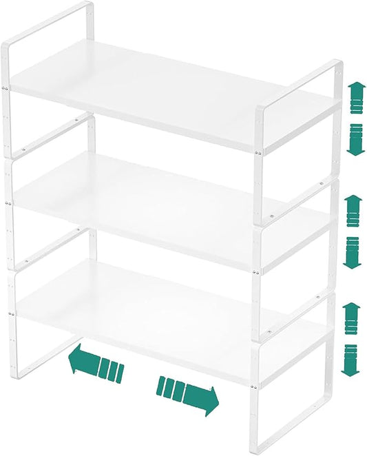Expandable Cabinet Shelf Organizer Rack, Stackable Kitchen Counter Storage Shelves Stand, Adjustable Height Pantry Shelf Spice Rack, Heavy Duty Nonslip White Large 3Pack
