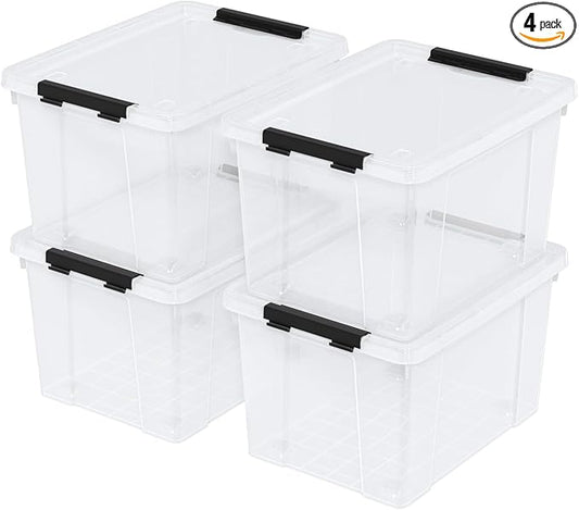 4-Pack 22 Quart Plastic Storage Bins with Lids, Plastic Latching Storage Box with Wheels, Clear