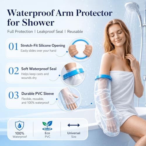Waterproof Cast Covers for Shower Arm Adult, Reusable Cast Shower Cover Arm, Cast Cover Protector for Broken Arm, Wrist, Hand and Elbow, Watertight Seal Shower Sleeve for Bandages After Surgery [2026 Upgrade]