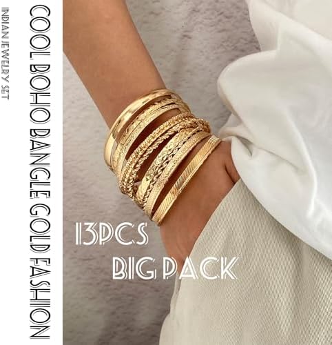 17IF Gold Bangle Bracelet For Women, 14k Multilayer Charm Textured Stackable Bracelets Boho Indian Chunky Cuff Fashion Jewelry Gift