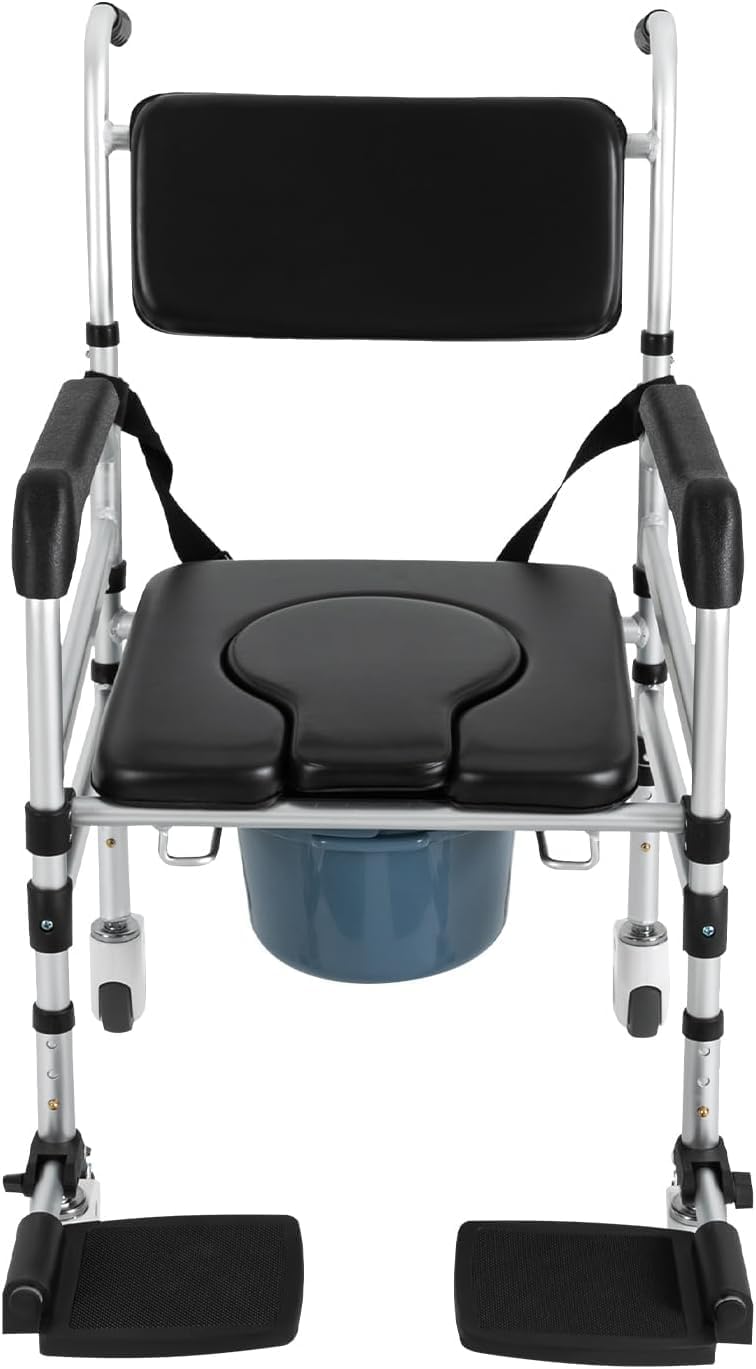 Shower Chair with Wheels Rolling Commode Chair for Toilet with Arms, Adjustable Height Folding Bath Commodes for Inside Shower, Bedside Wheelchair Bathroom Chairs for Elderly, Disabled, Injured
