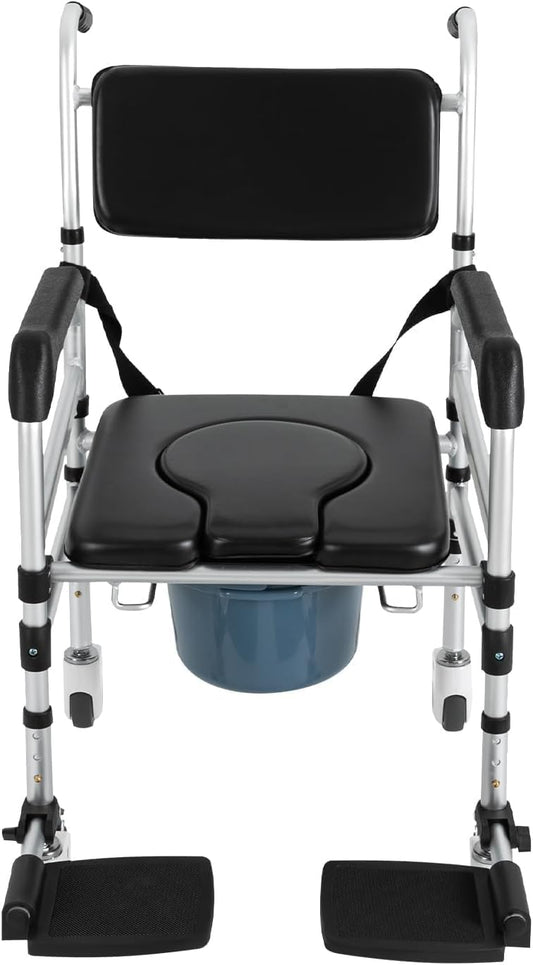 Shower Chair with Wheels Rolling Commode Chair for Toilet with Arms, Adjustable Height Folding Bath Commodes for Inside Shower, Bedside Wheelchair Bathroom Chairs for Elderly, Disabled, Injured