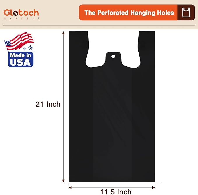 Glotoch 10000 (10K) Count Plastic T-shirt Bags Plain Black, 11.5 x 6.5 x 21" Grocery Shopping Bags with Handles for Restaurant, Retail, Takeout, Convenience Stores, Kitchen Trash, in Bulk Business