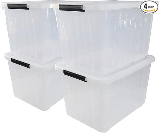 70 Qt Stackable Plastic Storage Bins with Lids, 4 Pack, See-Through Organizing Containers Box, Durable Nestable Containers Organize Shoes Closet Shelves Clothes Blankets Towels, Clear