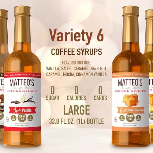 Matteo's Barista Style Sugar-Free Coffee Syrup, 6 Flavour Variety Pack, Zero Calories and Sugar, Keto-Friendly Coffee Syrups, Delicious Flavoured Coffee Syrup - 33.8 oz Syrup Bottles