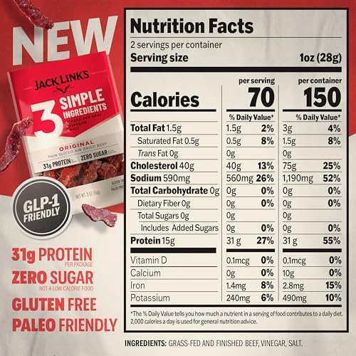 Jack Link’s Air Dried Steak Slices - Original & Hickory Flavor – 15g protein per 1 oz serving, Zero Sugar, Made with 100% Grass-Fed Beef, Thin Sliced and Tender Air-Dried Beef, Gluten Free, Paleo Friendly, Simple Protein Snack - 4 Pack