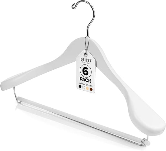 DEILSYâ¢ White Suit Hangers for Men with Non-Slip Pants Bar & 360Â° Swivel Hook - Smooth Finish Wooden Coat Hangers, Heavy Duty Wooden Hanger â Pack of 6