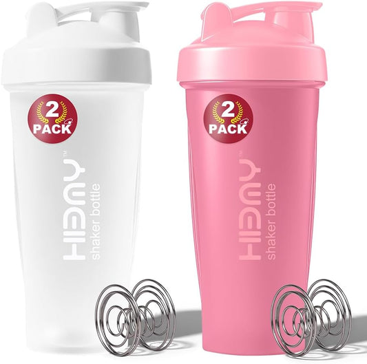 [ 2 Pack 600 ml / 20 OZ Shaker Cups for Protein Shakes, 2 x Whisk Ball | Protein Shaker Bottle for Protein Mixes | BPA Free, 100% Leak Proof, No Smell | Protein Shake Cup (D) White/Pink