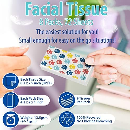 Travel Tissue Packs – 8 Compact 3-Ply Packs (72 Total), Soft Chlorine-Free Facial Tissues for Purse, Car, or School, Gentle & Durable, Non-Bleach, Playful Dog Design