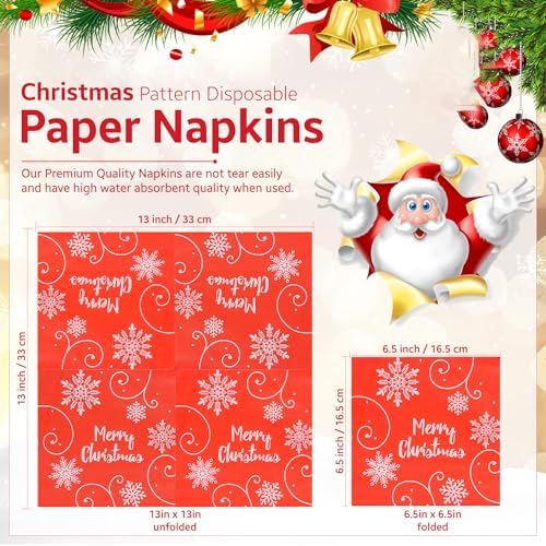 Trimming Shop Christmas Disposable Napkins with Snowflakes Design 2 Ply Paper 33cm x 33cm Cocktail Napkins for New Year Winter Dinner Party Supplies Decoration -100pcs