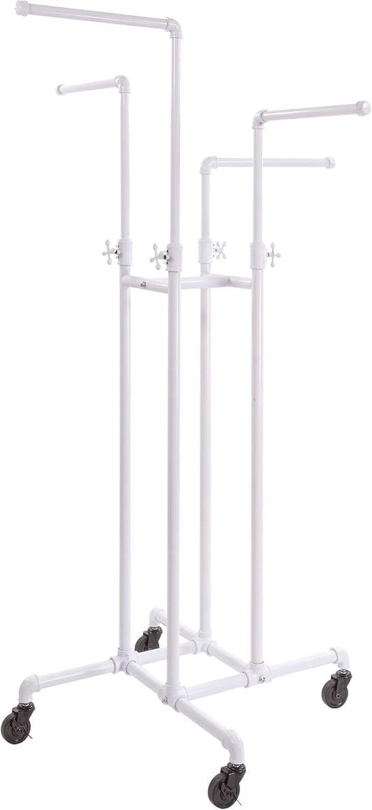 Econoco Pipeline Four Way Boutique Garment Rack, Adjustable Height, Clothing Display Rack for Retail Stores, Gloss White Finish