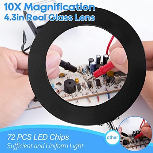 10X Magnifying Glass with Light, Adjustable Swing Arm 72 LEDs Real Glass Lens Magnifying Lamp, 3 Color Modes 10 Stepless Dimmable, Lighted Magnifier for Daily Reading Hobbies Crafts Workbench (Black)