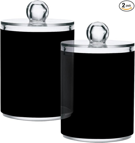 Qilmy Solid Black Qtip Holder 2 Pack, 14 oz Apothecary Jars Bathroom Vanity Organizer Canister for Qtips, Cotton Swabs, Cotton Balls, Cosmetic Pads, Flossers, Bath Salts