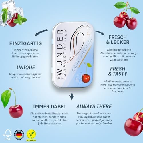 Wonder Toothpick - Flavoured toothpicks - Chewing Gum Plastic-Free - Stop Nail Biting - Fresh Breath with Flavoured toothpicks - Teeth Cleaning to go - Sugar-Free, Vegan (Cherry/Menthol)