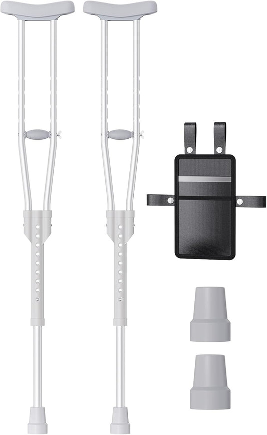 Aluminum Crutches for Adults & Seniors, Adjustable Crutches for Walking, Comfortable Lightweight Crutch with Underarm Pad and Crutch Bag & Hand Grip, 300 LB Weight Capacity, 1 Pair