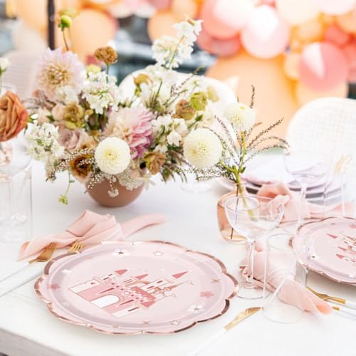 WRAPAHOLIC 25Pcs Castle Paper Plates - 7 Inch Pink Princess Castle Disposable Plates Decorative Dessert Plates for Party Tableware Supplies Table Decor