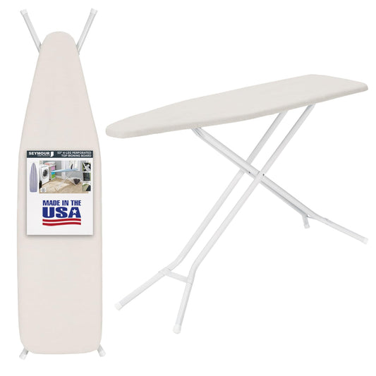 Full Size Ironing Board Made in USA â Beige by Seymour Home Products 4 Heavy-Duty Steel Legs Perforated Top for Steam Includes Cover & Pad Sturdy, Foldable Iron Board for Home & Laundry