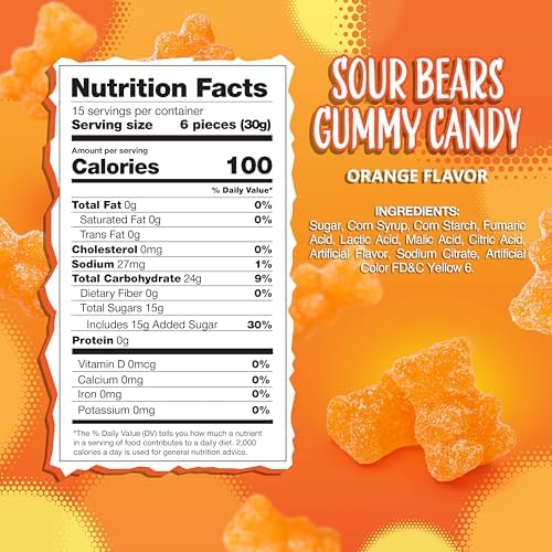 Sour Bears Gummy Candy | 1 Pound Bag | Orange Sour Candy | Vegan Gummies | Gummy Candies for Party Favors, Buffets, and Goodie Bags | Gelatin Free Treat