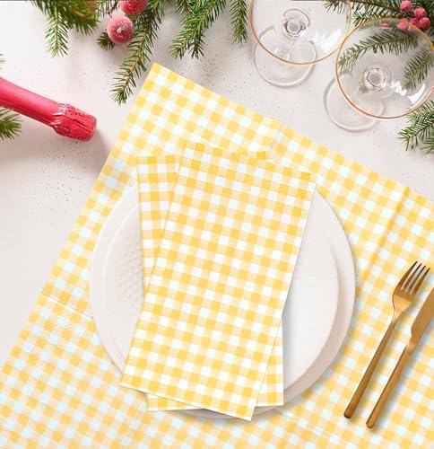 SietDESEO 50 Pieces 3-ply Yellow Gingham Napkins 13 x 15.7 Inches Guest Bathroom Napkins Disposable Hand Towels for Bathroom Wedding Birthday Party Paper Dinner Napkins