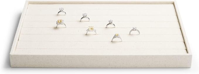 7-Slot Linen Jewelry Display Tray â Elegant Organizer for Rings, Earrings, Studs | Compact Storage & Decorative Showcase for Jewelry Accessories (Beige)