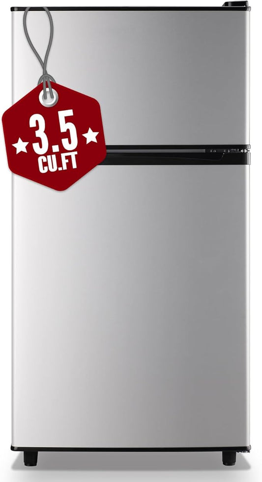WANAI Mini Fridge with Freezer, 3.5 cubic feet 2- Doors Small Refrigerator Features 7 Gear Mechanical Control, Side Bottle Rack, Ideal for Dorm, Kitchen, Apartment, Office, Silver