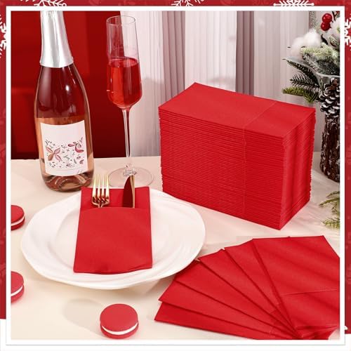 60 Pcs Red Linen-Feel Paper Napkins with Built-in Flatware Pocket, Pocket Linen Napkin Prefolded Cloth Like Paper Napkin Bulk for Anniversay Silverware Birthday Bathroom Wedding Party