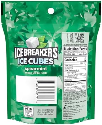 ICE BREAKERS Ice Cubes Spearmint Sugar Free Chewing Gum Pouch, 8.11 oz (100 Pieces)