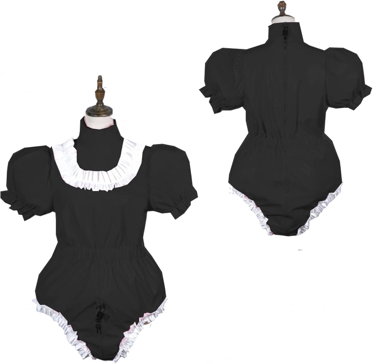 Bodysuit Shiny PVC Short Sleeve Maid Costume Vinyl Maid Dress Lockable Jumpsit Plus Size,Black,XXL