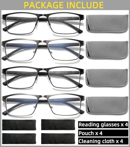 4-Pack Mens Reading Glasses Blue Light Blocking,Spring Hinge Stylish Metal Full Frame Readers for Men Anti Glare Filter Eyeglasses +2.0