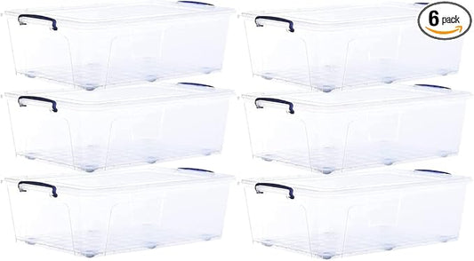 Superio Storage Bins with Lids- Clear Boxes for Organizing, Stackable Plastic Containers- BPA Free, Non-Toxic, Odor Free, Organizer for Home, Office, Dorm (6 Pack, 42 Qt (Under Bed-Wheeled))