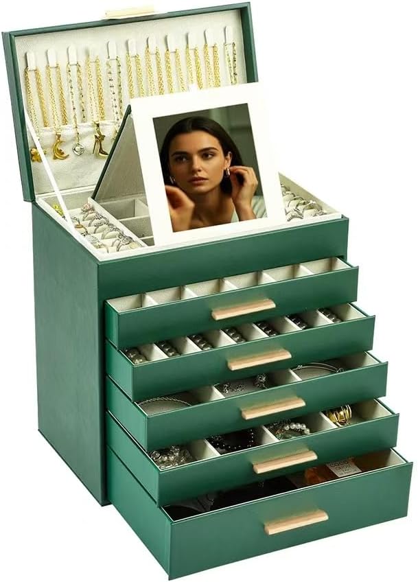 BOOVO Jewelry Box with Necklace Hanger â 6 layer Jewelry Organizer for Women with 5 Drawers, Large Jewelry Storage Boxes âJewelry Organizers and Storage for Earrings, Necklaces (Green, 6 layer)