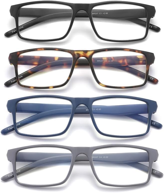 4 Pack Reading Glasses Blue Light Blocking for Men Women, Rectangular Frame Computer Readers with Spring Hinge, Anti Eyestrain/UV Ray Eyeglasses (2.0x)