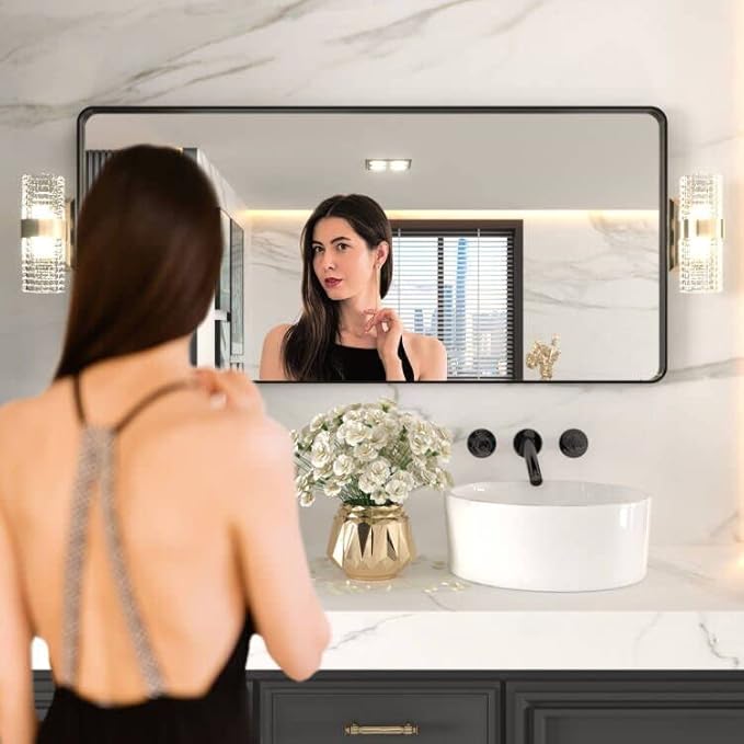 LOAAO 60X28 Inch Black Metal Framed Bathroom Mirror for Wall, Matte Black Bathroom Vanity Mirror Farmhouse, Large Rounded Rectangle Mirror, Anti-Rust, Tempered Glass, Hangs Horizontally or Vertically