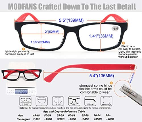 MODFANS Reading Glasses Men Women 3.0 Strength Readers Eyeglasses Square Matte Comfort Feel Spring Hinge 3 Pack Mix Color Black Red Blue
