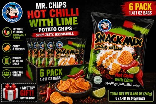 Mr. Chips Hot Chilli with Lime Potato Chips, 1.411 oz Bags (Pack of 6) | Spicy Chili Lime Crispy Snack Chips | Imported Individual Snack Size Bags | Crunchy Potato Chips | Bundled by SUPERDEALS with Mystery Gift