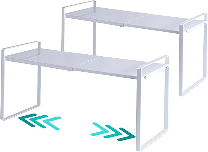 2 Pack Expandable Cabinet Shelf Organizer Riser for Kitchen Pantry Cupboard Under Sink Countertop (2 Pack 8.2ââD * 12.2-21.6ââW * 10.4ââH) (White)