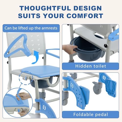 4-in-1 Rolling Shower Commode Chair with Wheels for Elderly and Disabled, Wheeled Shower Chair with Bucket and Safety Locking Casters, Bedside Toilet Riser for Seniors, 350lbs(Light Blue)