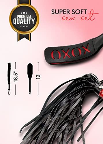 Black Flogger Whip 18" Adult Spanking Paddle 12" - BDSM Sex Set - Flogger Spanking Sex Soft - Sex Paddles for Spanking - Adult BDSM Flogger Paddle Set