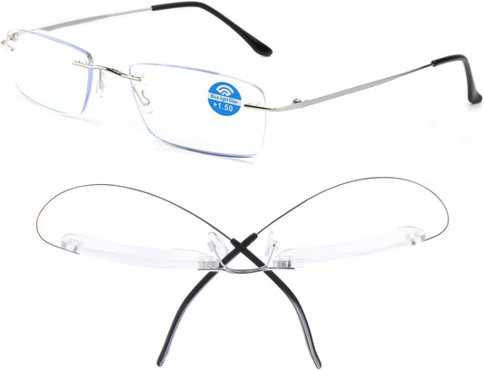 Titanium Rimless Reading Glasses for Men Women Super Light Blue Light Blocking Computer Readers with Rectangular Lens