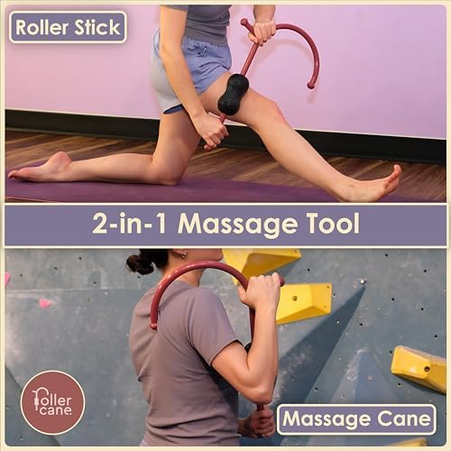 Roller Cane Massager | 2-in-1 Massage Roller Stick & Trigger Point Cane | Rubber Ball for Deep Tissue, Myofascial Release & Muscle Recovery (Red)