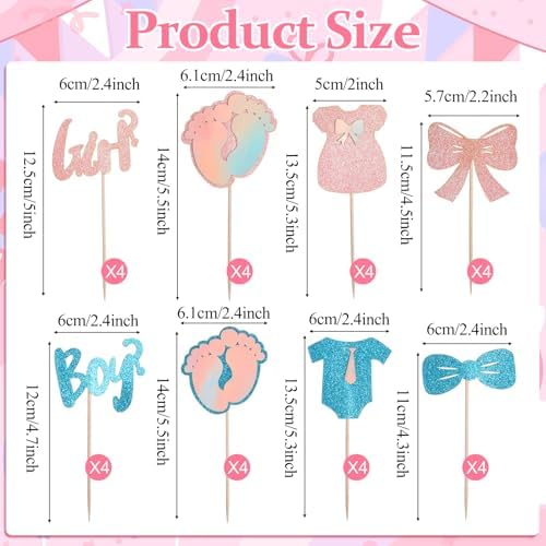 32 Pcs Boy or Girl Gender Reveal Decoration, Glitter Gender Reveal Cupcake Toppers, Onesie Jumpsuit Footprint Bow Tie Cupcakes Picks, Baby Shower Kids Birthday Party Cake Decorations Supplies