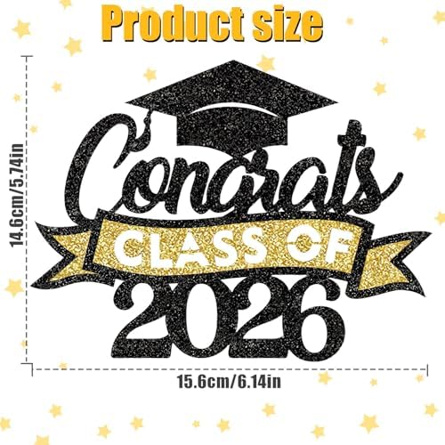 Graduation Cake Topper Class of 2026, Gold and Black Congrats Grad Cake Topper Glitter Graduation Cake Decorations 2026 Graduation Party Supplies for High School College Graduate Party